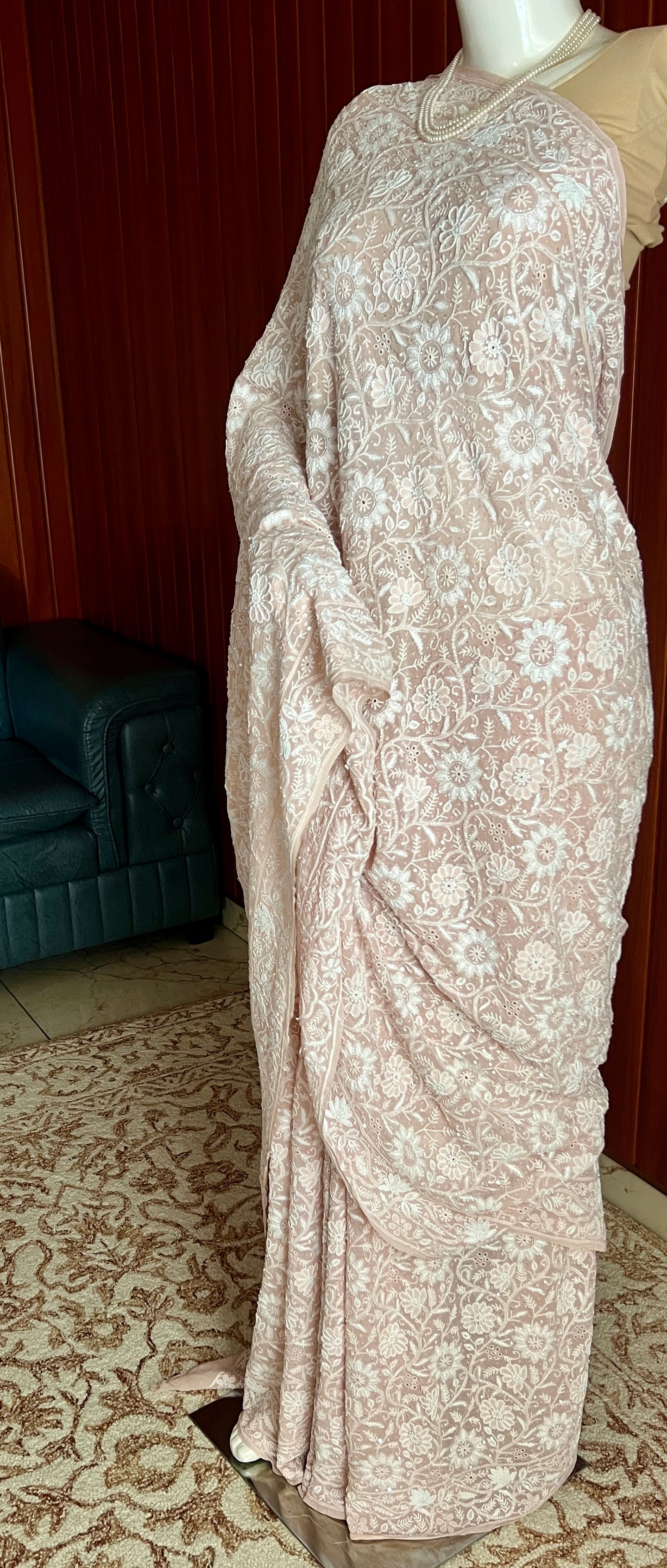 Suhaan Old Rose Pink 2 and 3 taar Chikankari Masterpiece Saree